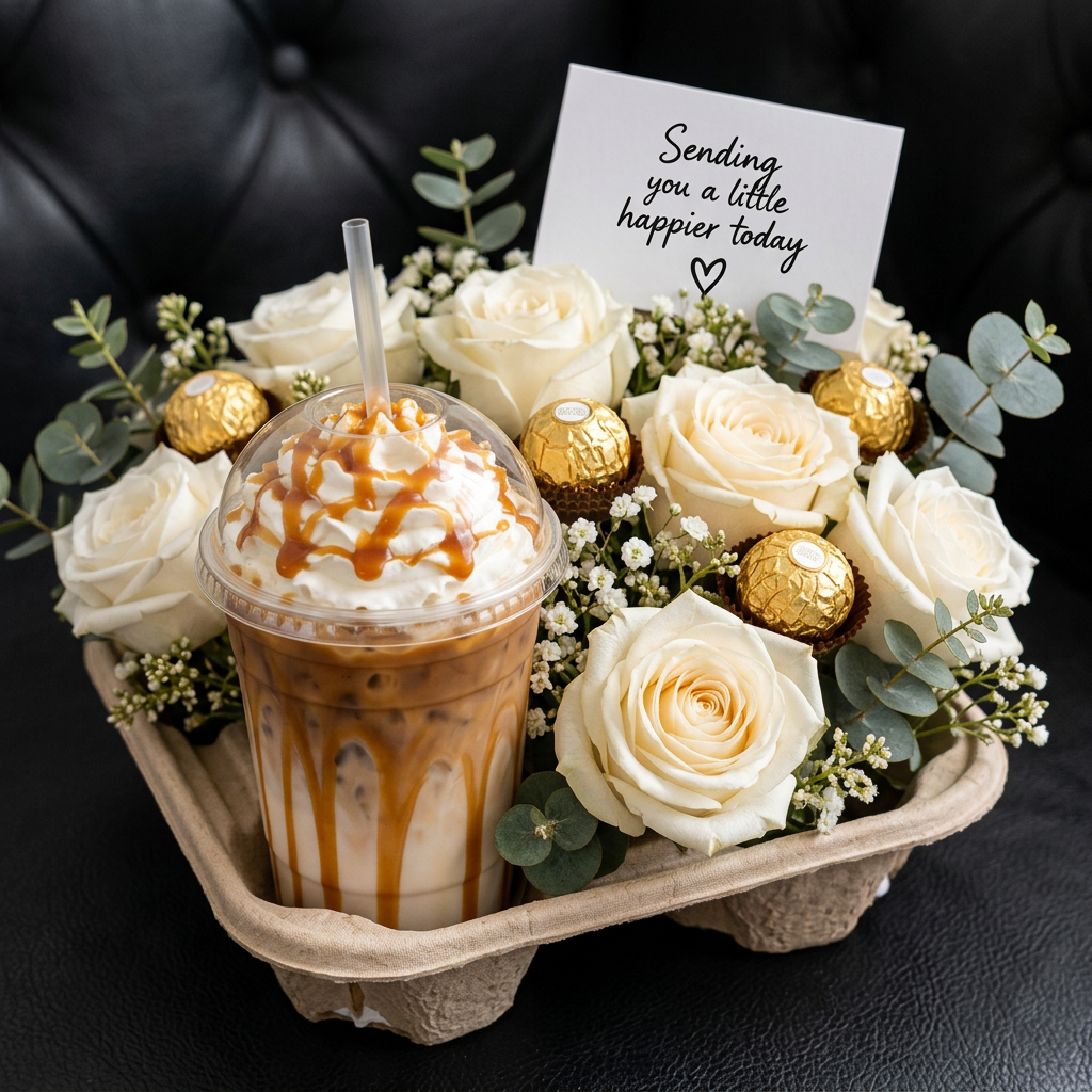 Cream roses and eucalyptus greenery around a coffee